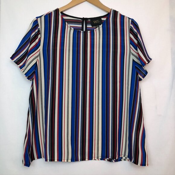 NEW NWOT W5 ANTHROPOLOGIE ANTHRO Blue Cream Red Striped Short Sleeve Work Blouse - Picture 3 of 7